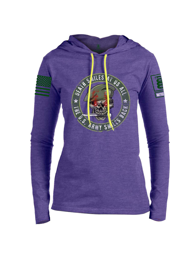 Battleraddle Death Smiles At Us All The US Army Smiles Back Green Sleeve Print Womens Thin Cotton Lightweight Hoodie