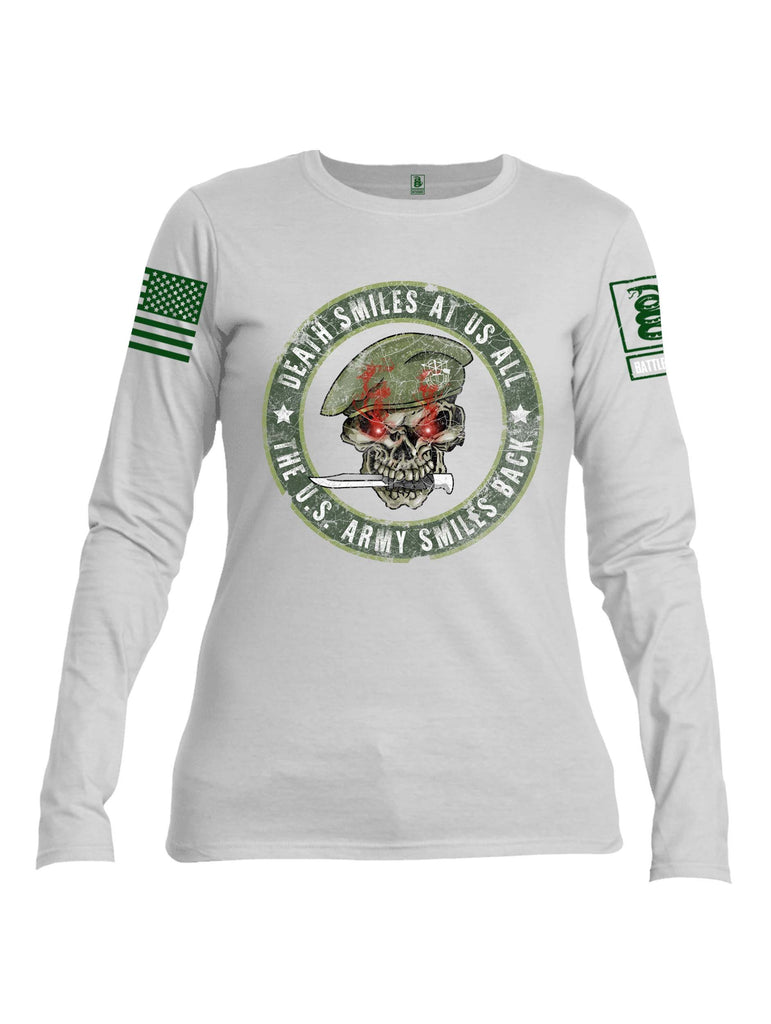 Battleraddle Death Smiles At Us All The US Army Smiles Back Green Sleeve Print Womens Cotton Long Sleeve Crew Neck T Shirt