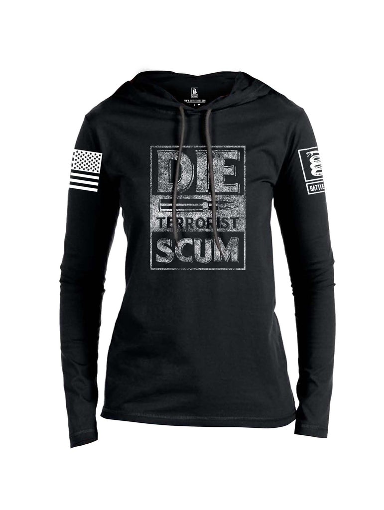 Battleraddle Die Terrorist Scum White Sleeve Print Womens Thin Cotton Lightweight Hoodie