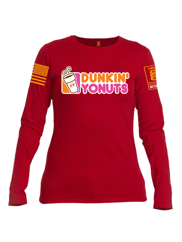 Battleraddle Dunkin Yonuts Orange Sleeve Print Womens Cotton Long Sleeve Crew Neck T Shirt