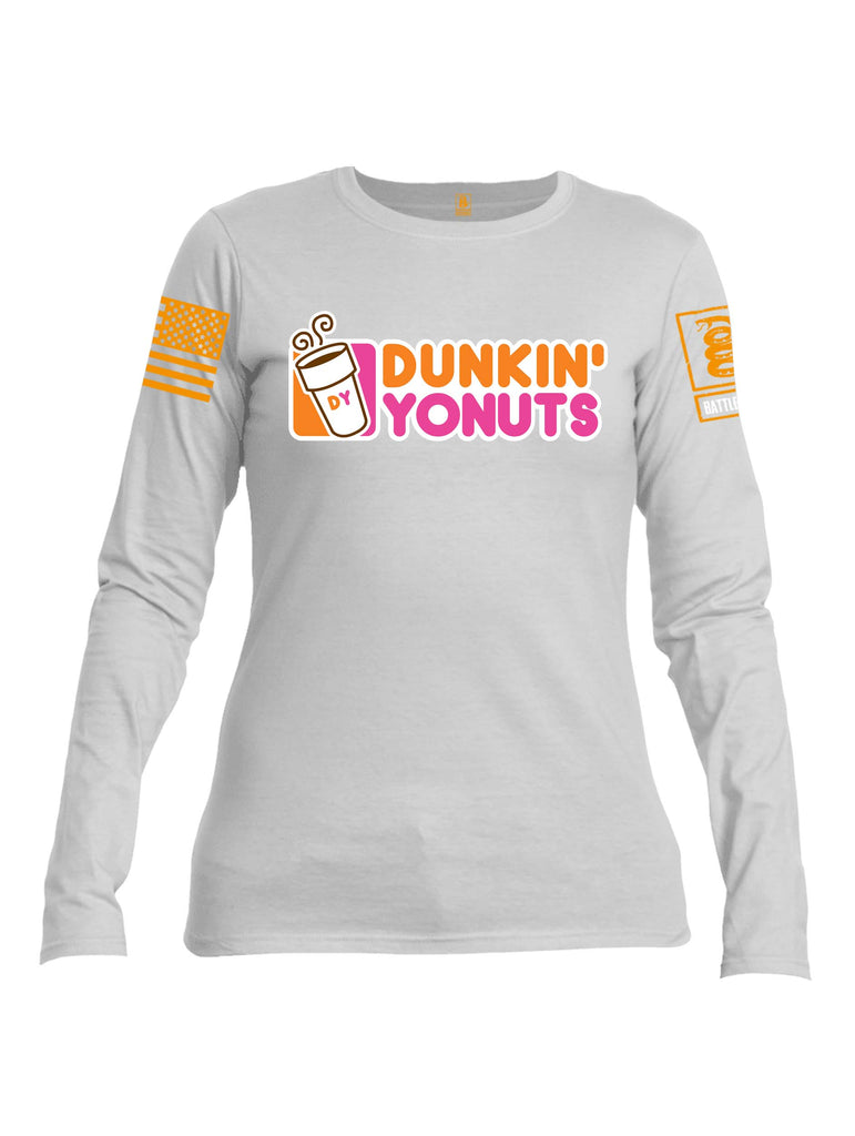 Battleraddle Dunkin Yonuts Orange Sleeve Print Womens Cotton Long Sleeve Crew Neck T Shirt