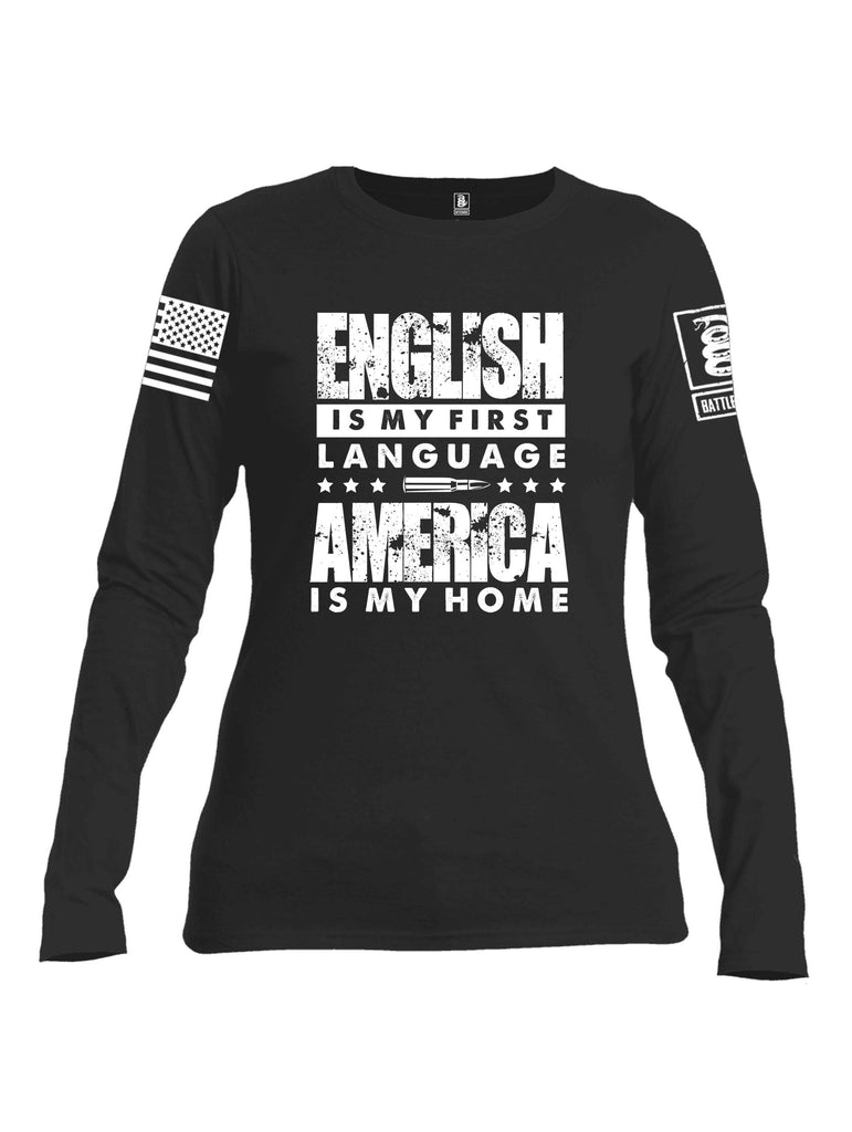 Battleraddle English Is My Language White Sleeve Print Womens Cotton Long Sleeve Crew Neck T Shirt