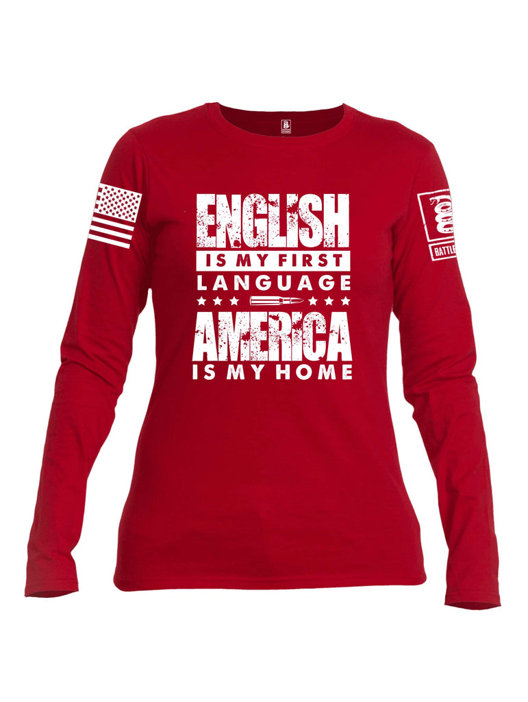 Battleraddle English Is My Language White Sleeve Print Womens Cotton Long Sleeve Crew Neck T Shirt