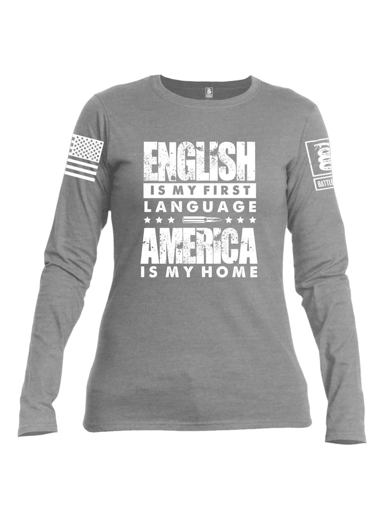 Battleraddle English Is My First Language White Sleeve Print Womens Cotton Long Sleeve Crew Neck T Shirt