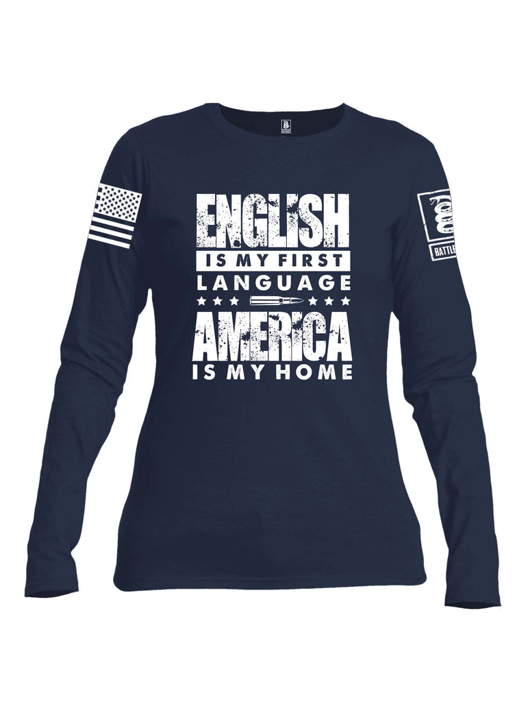 Battleraddle English Is My Language White Sleeve Print Womens Cotton Long Sleeve Crew Neck T Shirt