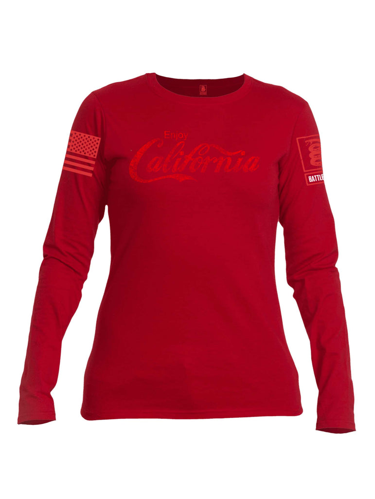 Battleraddle Enjoy California Red Sleeve Print Womens Cotton Long Sleeve Crew Neck T Shirt