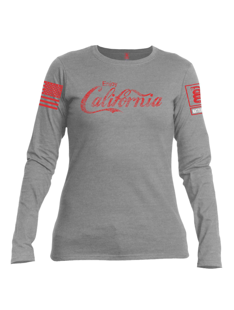 Battleraddle Enjoy California Red Sleeve Print Womens Cotton Long Sleeve Crew Neck T Shirt