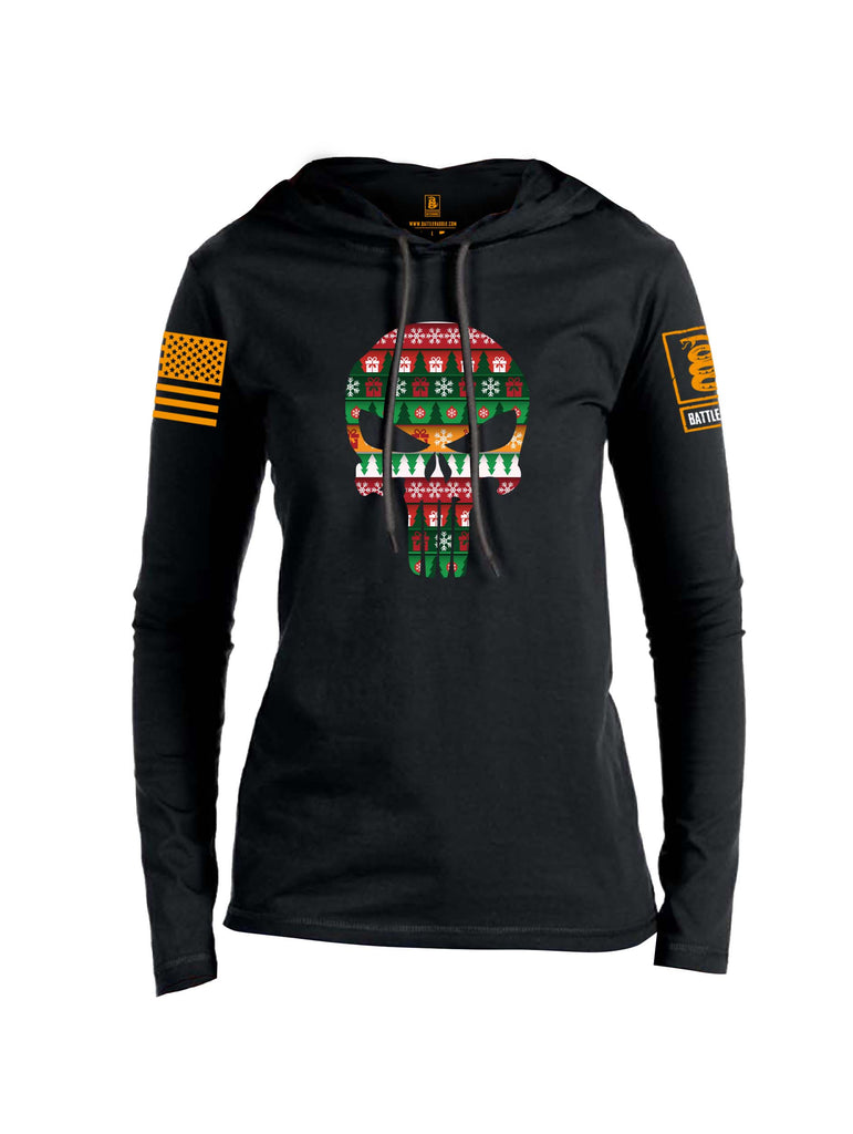 Battleraddle Expounder Skull Christmas Holiday Ugly Orange Sleeve Print Womens Thin Cotton Lightweight Hoodie