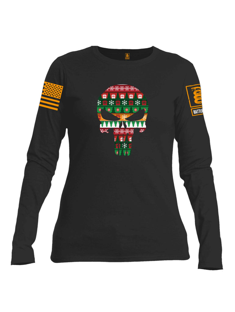 Battleraddle Expounder Skull Christmas Holiday Ugly Orange Sleeve Print Womens Cotton Long Sleeve Crew Neck T Shirt