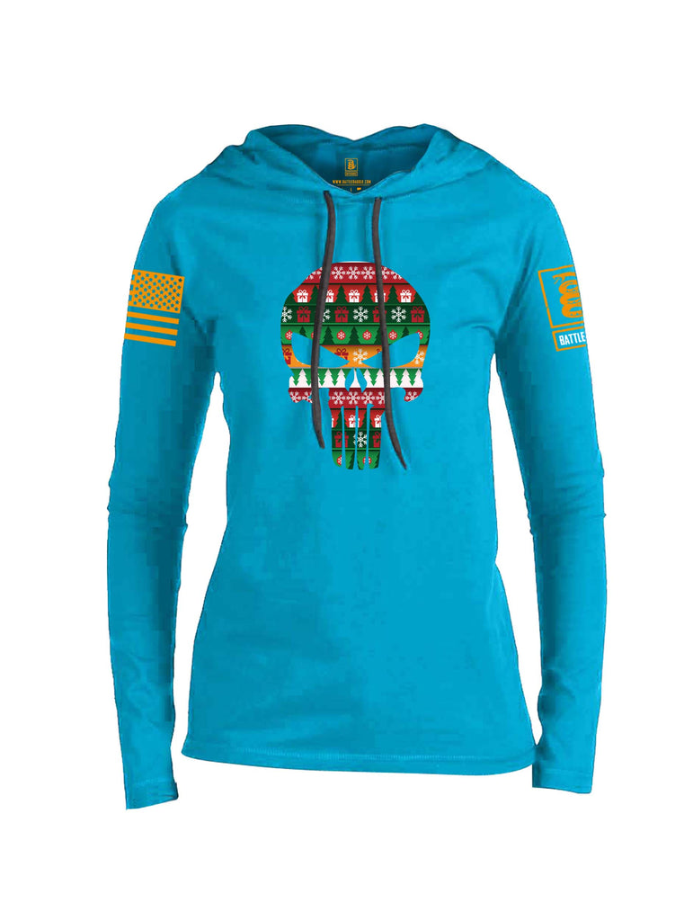 Battleraddle Expounder Skull Christmas Holiday Ugly Orange Sleeve Print Womens Thin Cotton Lightweight Hoodie