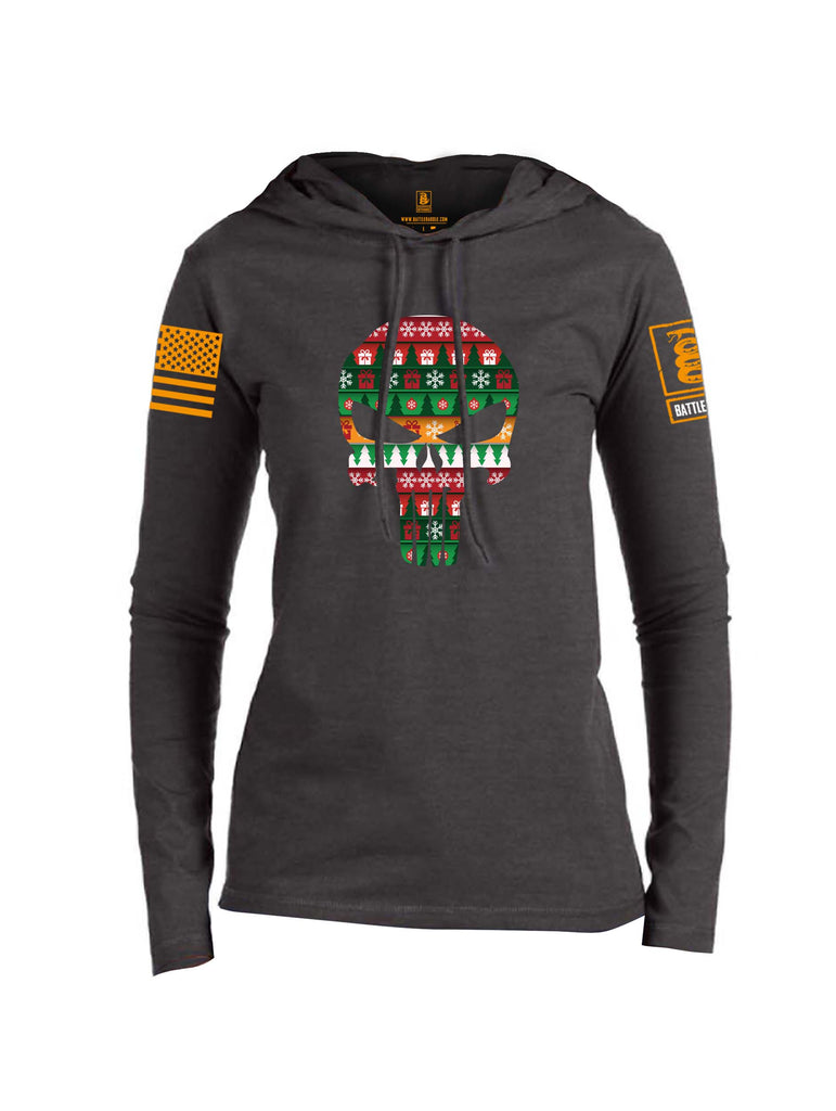 Battleraddle Expounder Skull Christmas Holiday Ugly Orange Sleeve Print Womens Thin Cotton Lightweight Hoodie