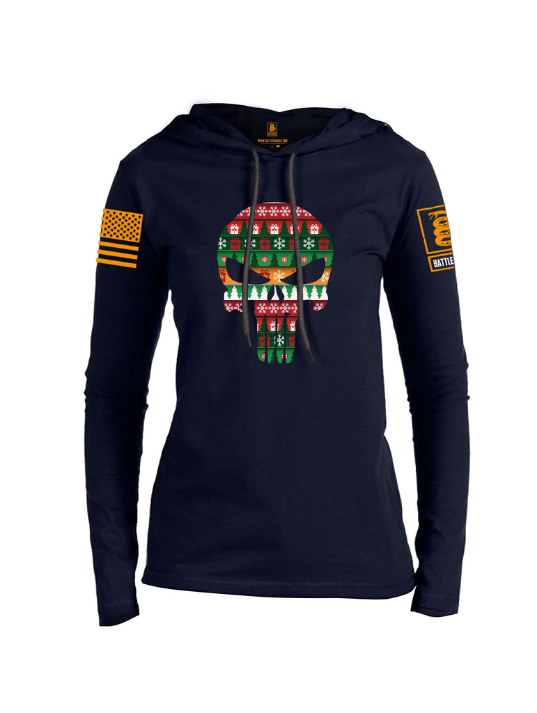 Battleraddle Expounder Skull Christmas Holiday Ugly Orange Sleeve Print Womens Thin Cotton Lightweight Hoodie