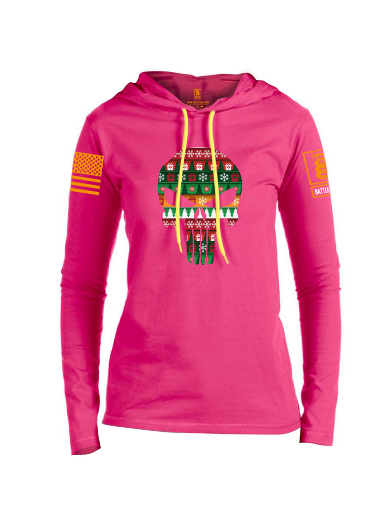 Battleraddle Expounder Skull Christmas Holiday Ugly Orange Sleeve Print Womens Thin Cotton Lightweight Hoodie