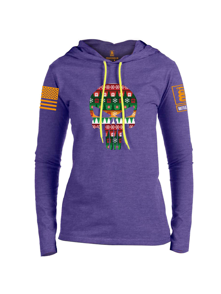 Battleraddle Expounder Skull Christmas Holiday Ugly Orange Sleeve Print Womens Thin Cotton Lightweight Hoodie