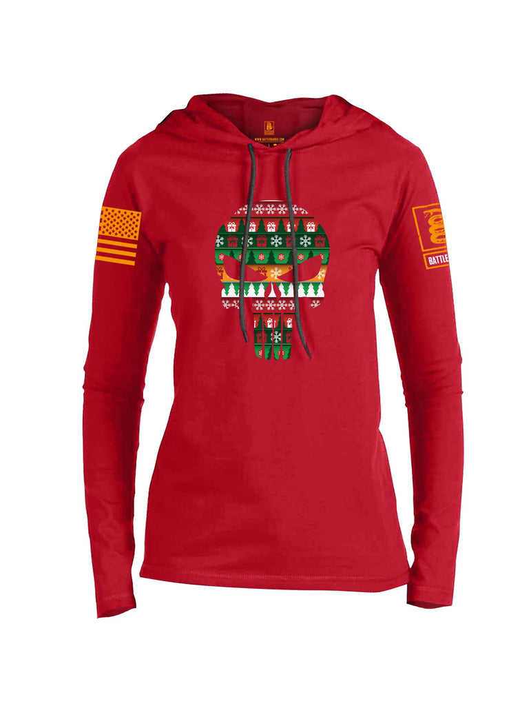 Battleraddle Expounder Skull Christmas Holiday Ugly Orange Sleeve Print Womens Thin Cotton Lightweight Hoodie