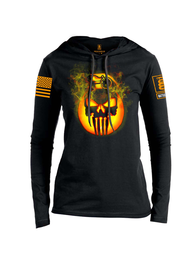 Battleraddle Expounder Skull Pumpkin KABOOM Orange Sleeve Print Womens Thin Cotton Lightweight Hoodie
