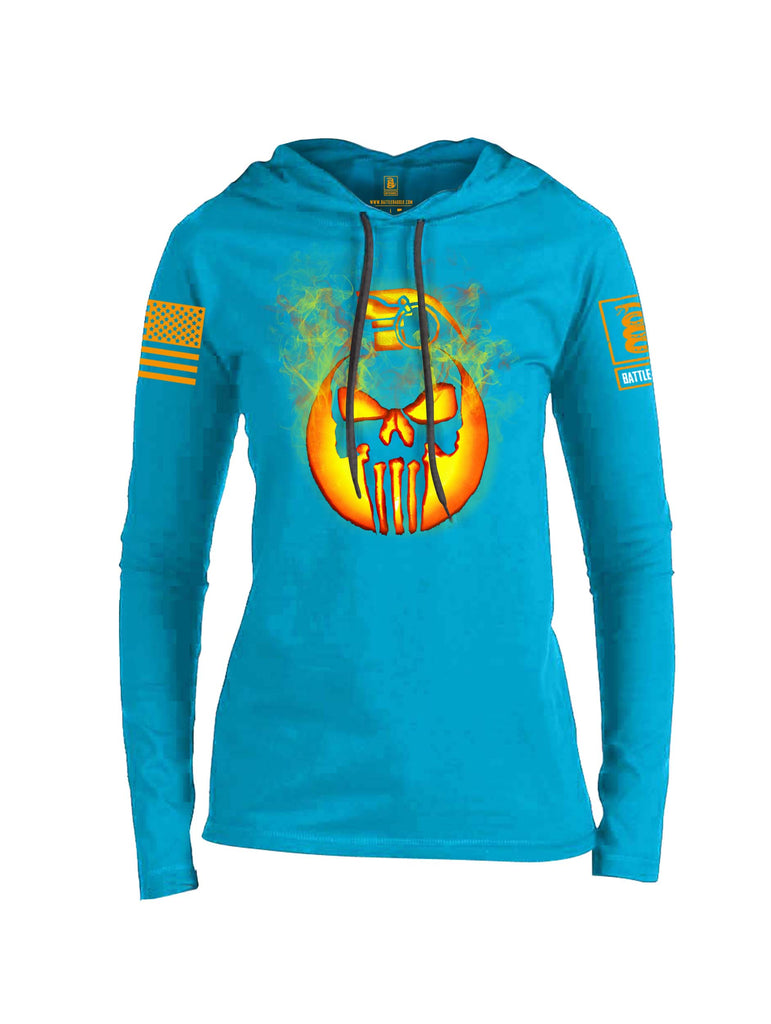 Battleraddle Expounder Skull Pumpkin KABOOM Orange Sleeve Print Womens Thin Cotton Lightweight Hoodie