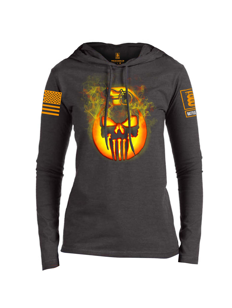 Battleraddle Expounder Skull Pumpkin KABOOM Orange Sleeve Print Womens Thin Cotton Lightweight Hoodie