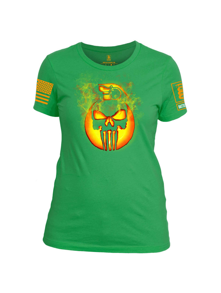 Battleraddle Expounder Skull Pumpkin KABOOM Orange Sleeve Print Womens Cotton Crew Neck T Shirt