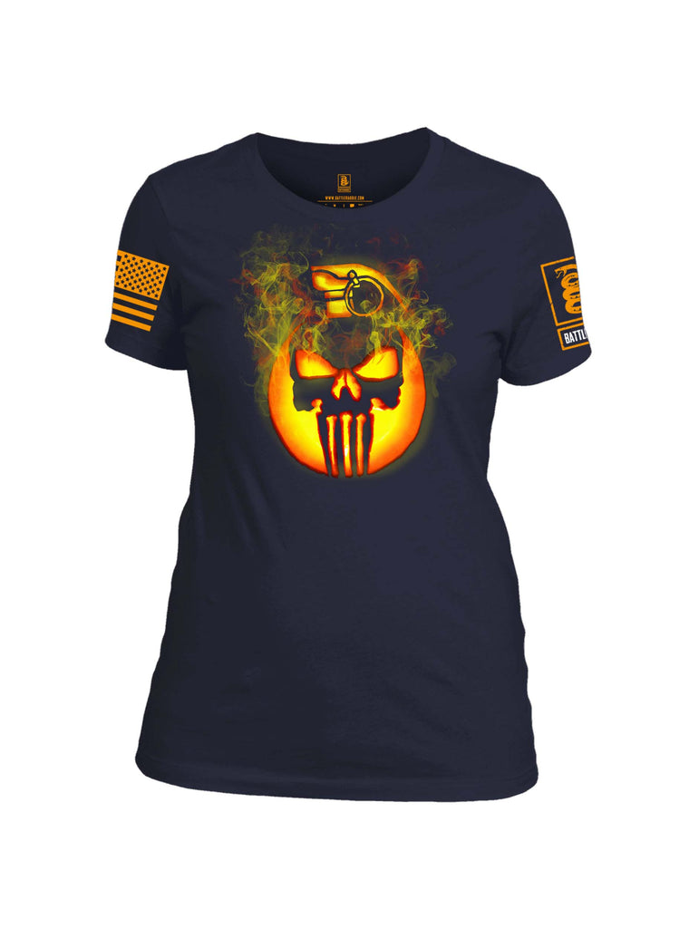 Battleraddle Expounder Skull Pumpkin KABOOM Orange Sleeve Print Womens Cotton Crew Neck T Shirt