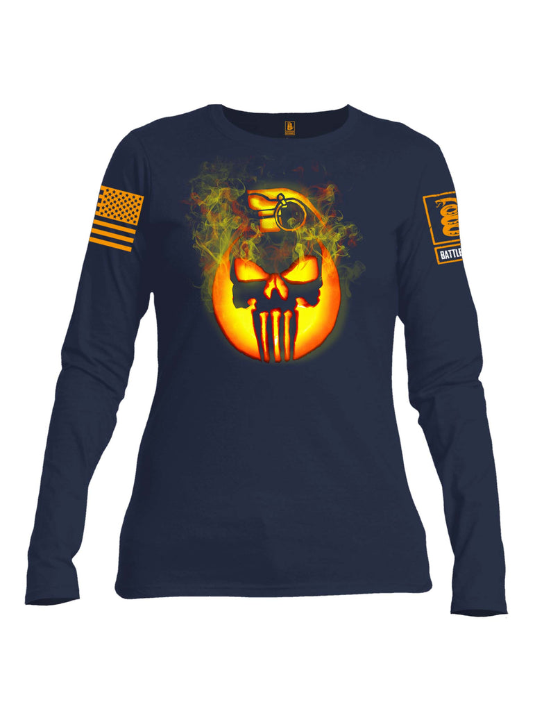Battleraddle Expounder Skull Pumpkin KABOOM Orange Sleeve Print Womens Cotton Long Sleeve Crew Neck T Shirt