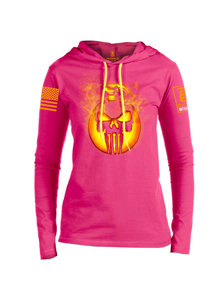 Battleraddle Expounder Skull Pumpkin KABOOM Orange Sleeve Print Womens Thin Cotton Lightweight Hoodie