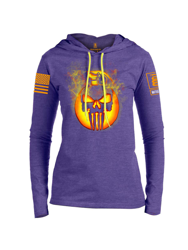 Battleraddle Expounder Skull Pumpkin KABOOM Orange Sleeve Print Womens Thin Cotton Lightweight Hoodie