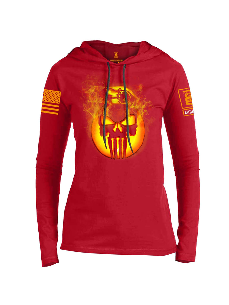 Battleraddle Expounder Skull Pumpkin KABOOM Orange Sleeve Print Womens Thin Cotton Lightweight Hoodie
