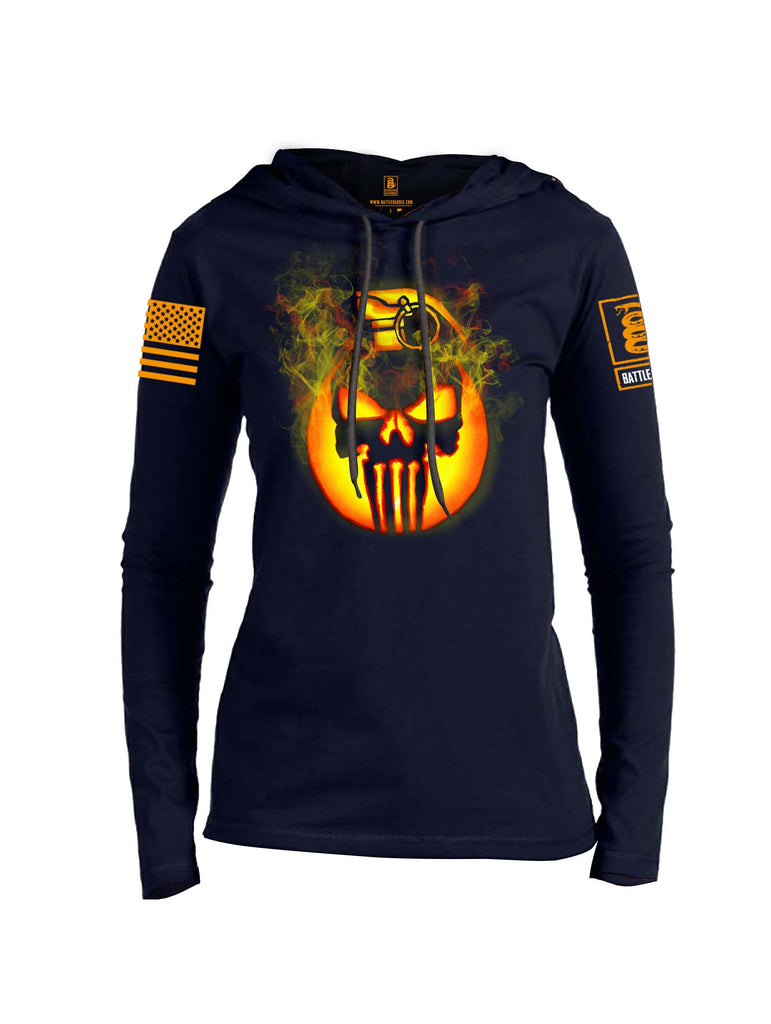Battleraddle Expounder Skull Pumpkin KABOOM Orange Sleeve Print Womens Thin Cotton Lightweight Hoodie