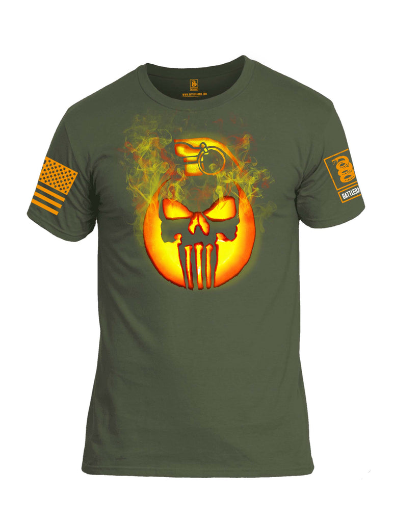 Battleraddle Expounder Skull Pumpkin KABOOM Orange Sleeve Print Mens Cotton Crew Neck T Shirt