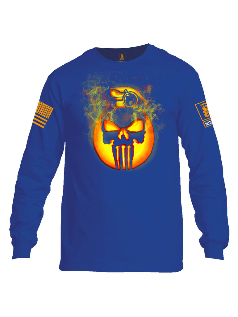 Battleraddle Expounder Skull Pumpkin Orange Sleeve Print Mens Cotton Long Sleeve Crew Neck T Shirt