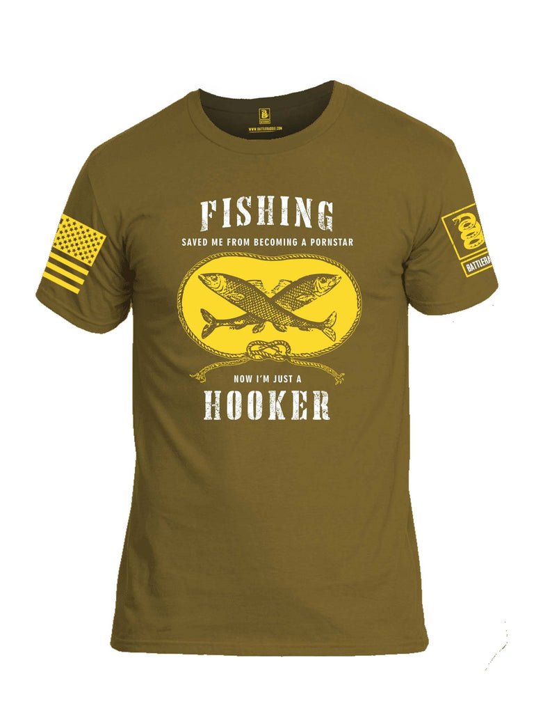 Battleraddle Fishing Saved Me From Becoming A Pornstar Yellow Sleeve Print Mens Cotton Crew Neck T Shirt shirt|custom|veterans|Apparel-Mens T Shirt-cotton