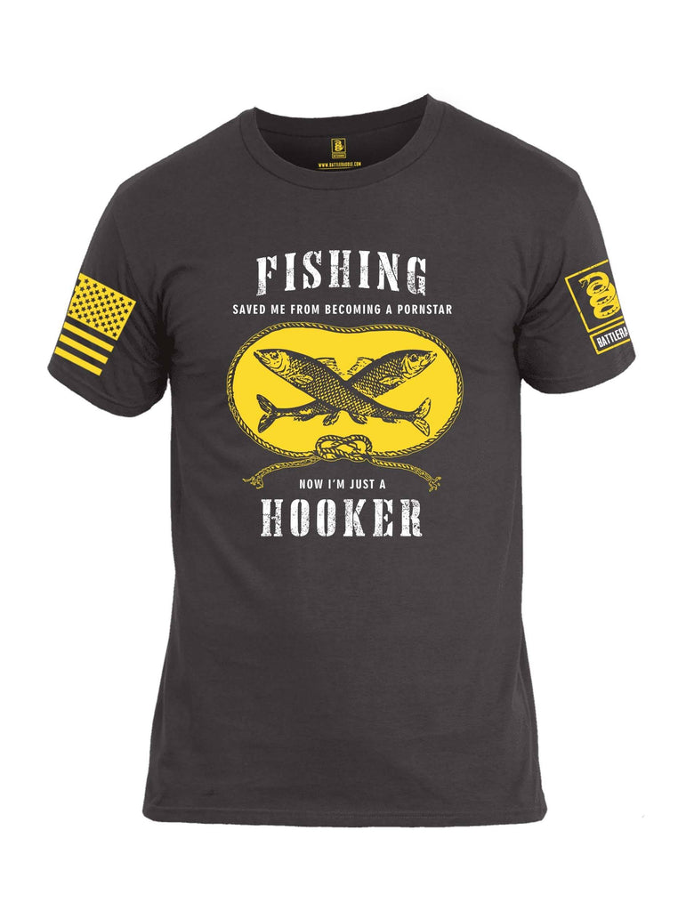 Battleraddle Fishing Saved Me From Becoming A Pornstar Yellow Sleeve Print Mens Cotton Crew Neck T Shirt shirt|custom|veterans|Apparel-Mens T Shirt-cotton