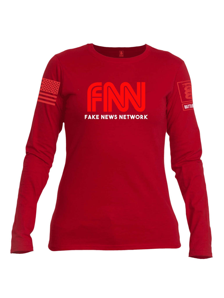 Battleraddle FNN Fake News Network Red Sleeve Print Womens Cotton Long Sleeve Crew Neck T Shirt