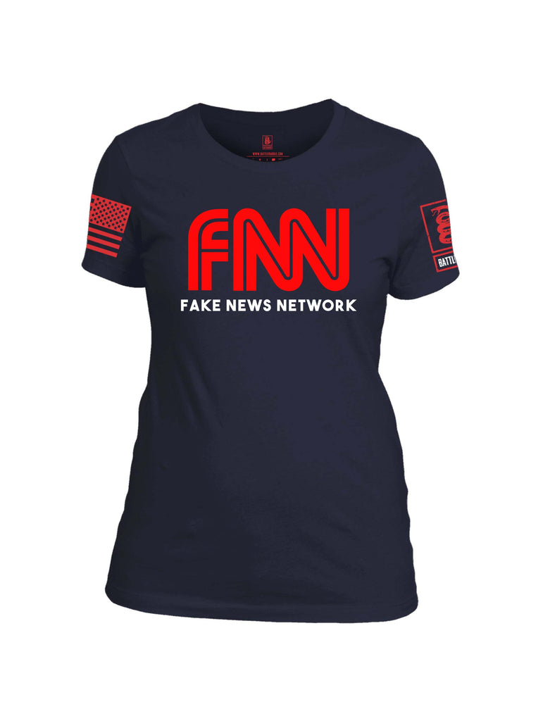 Battleraddle FNN Fake News Network Red Sleeve Print Womens Cotton Crew Neck T Shirt