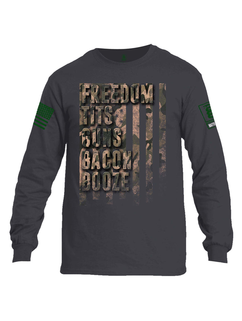 Battleraddle Freedom Tits Guns Bacon Booze Green Sleeve Print Mens Cotton Long Sleeve Crew Neck T Shirt
