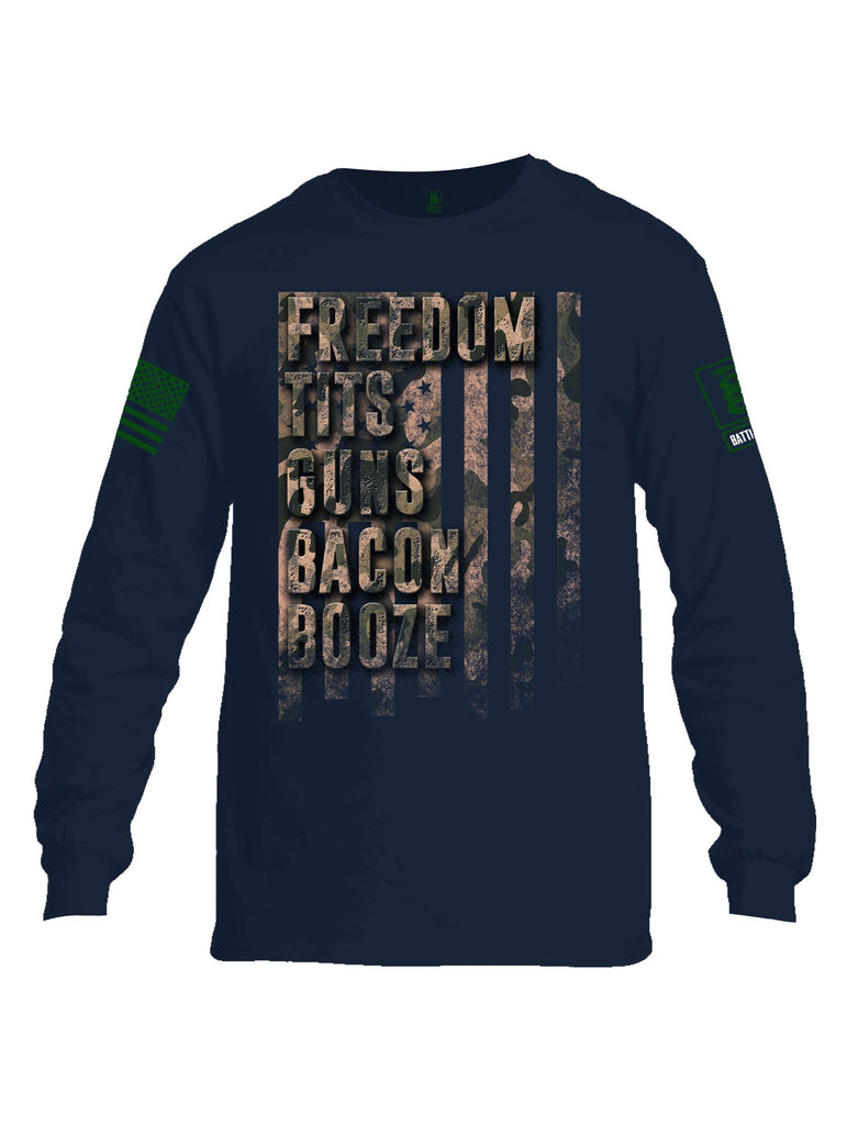 Battleraddle Freedom Tits Guns Bacon Booze Green Sleeve Print Mens Cotton Long Sleeve Crew Neck T Shirt