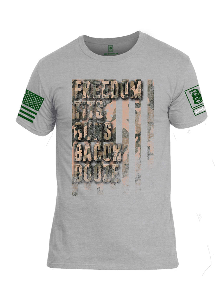 Battleraddle Freedom Tits Guns Bacon Booze Green Sleeve Print Mens Cotton Crew Neck T Shirt