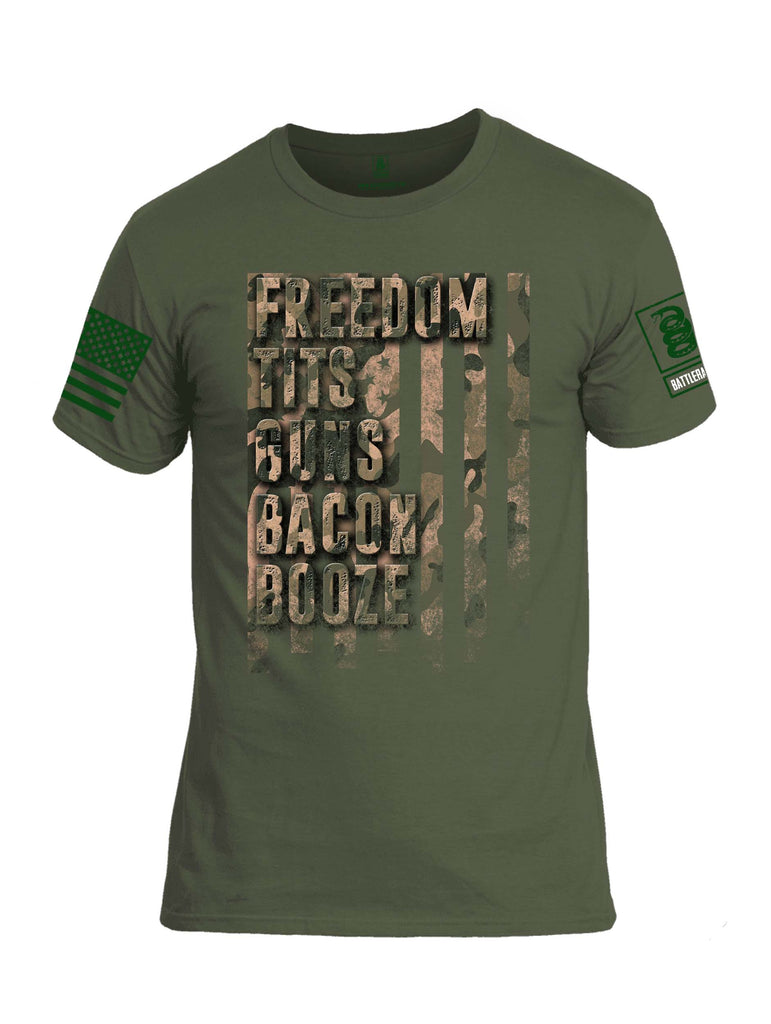 Battleraddle Freedom Tits Guns Bacon Booze Green Sleeve Print Mens Cotton Crew Neck T Shirt