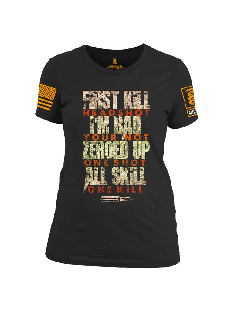 Battleraddle First Kill Head Shot Orange Sleeve Print Womens Cotton Crew Neck T Shirt