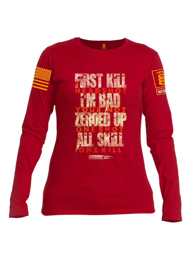 Battleraddle First Kill Head Shot Orange Sleeve Print Womens Cotton Long Sleeve Crew Neck T Shirt