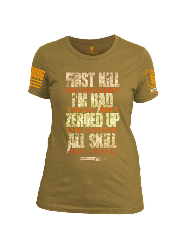 Battleraddle First Kill Head Shot Orange Sleeve Print Womens Cotton Crew Neck T Shirt