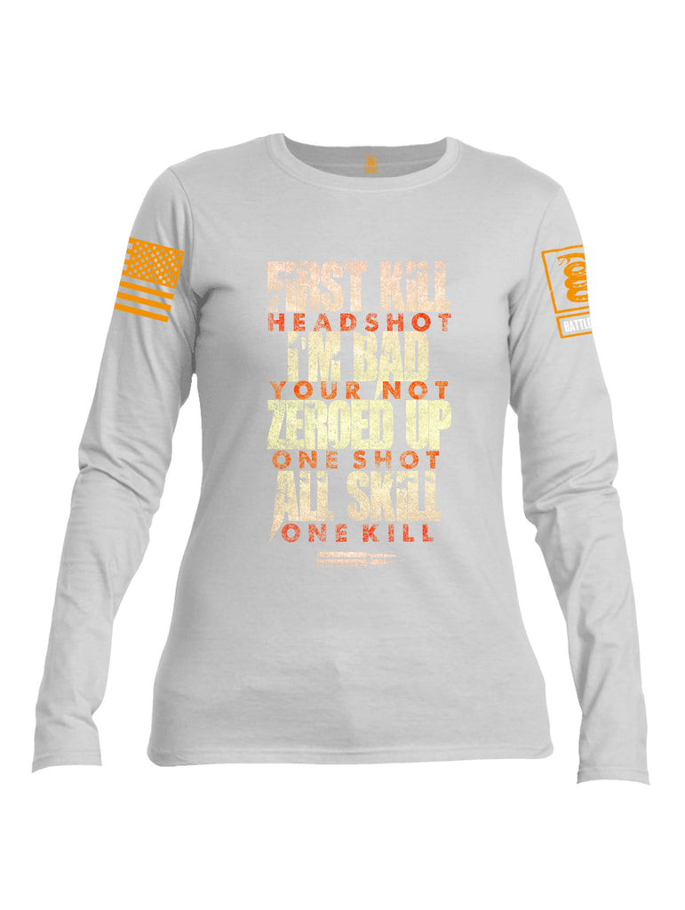 Battleraddle First Kill Head Shot Orange Sleeve Print Womens Cotton Long Sleeve Crew Neck T Shirt