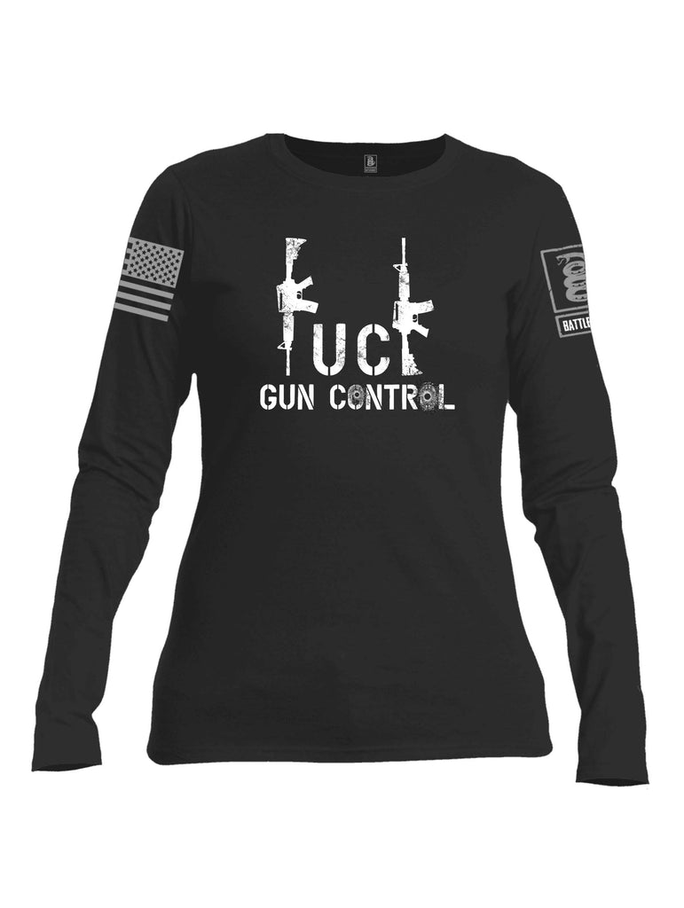 Battleraddle Fuck Gun Control Grey Sleeve Print Womens Cotton Long Sleeve Crew Neck T Shirt