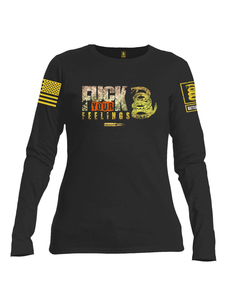 Battleraddle Fuck Your Feelings Yellow Sleeve Print Womens Cotton Long Sleeve Crew Neck T Shirt