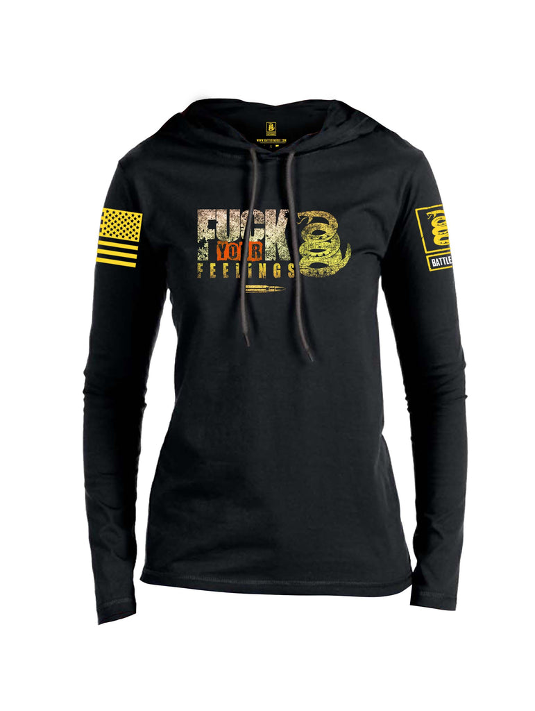 Battleraddle Fuck Your Feelings Yellow Sleeve Print Womens Thin Cotton Lightweight Hoodie