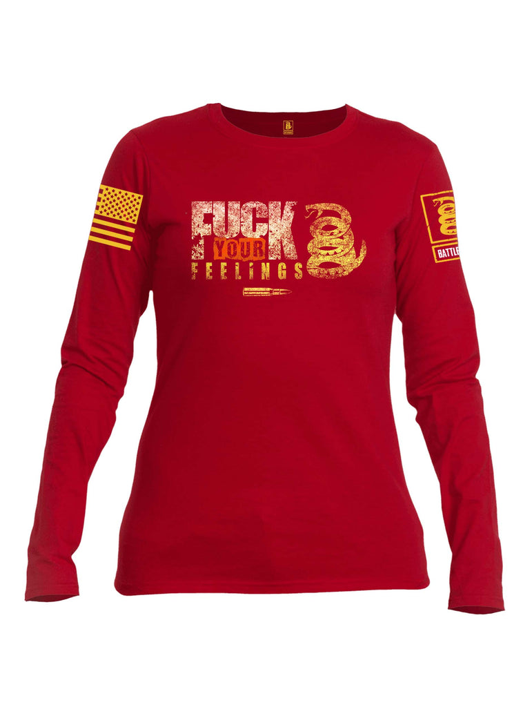 Battleraddle Fuck Your Feelings Yellow Sleeve Print Womens Cotton Long Sleeve Crew Neck T Shirt