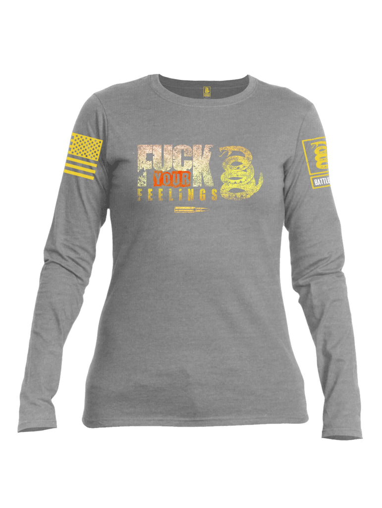 Battleraddle Fuck Your Feelings Yellow Sleeve Print Womens Cotton Long Sleeve Crew Neck T Shirt