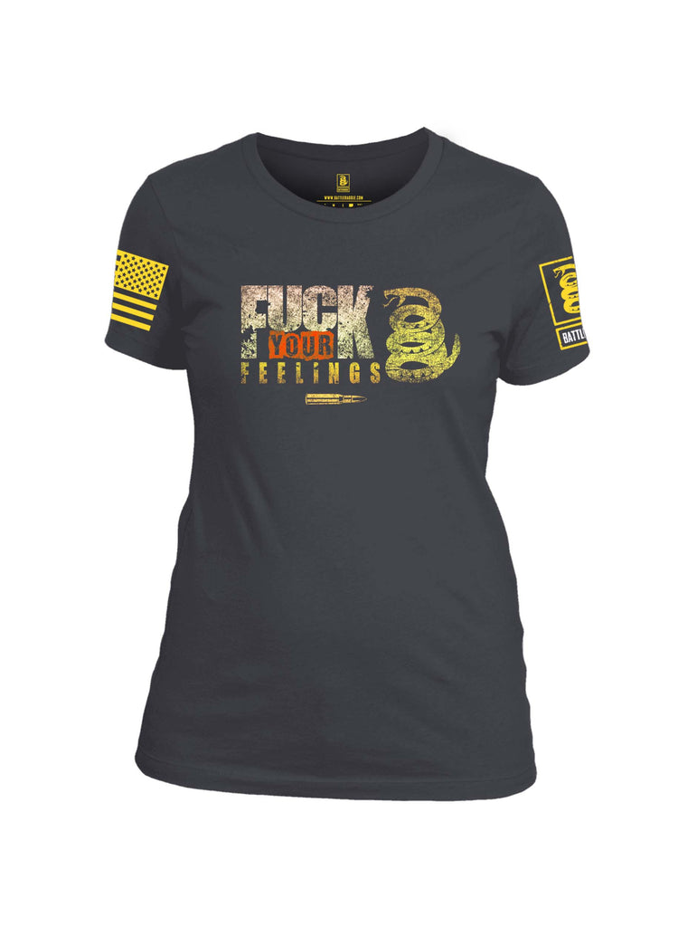 Battleraddle Fuck Your Feelings Yellow Sleeve Print Womens Cotton Crew Neck T Shirt