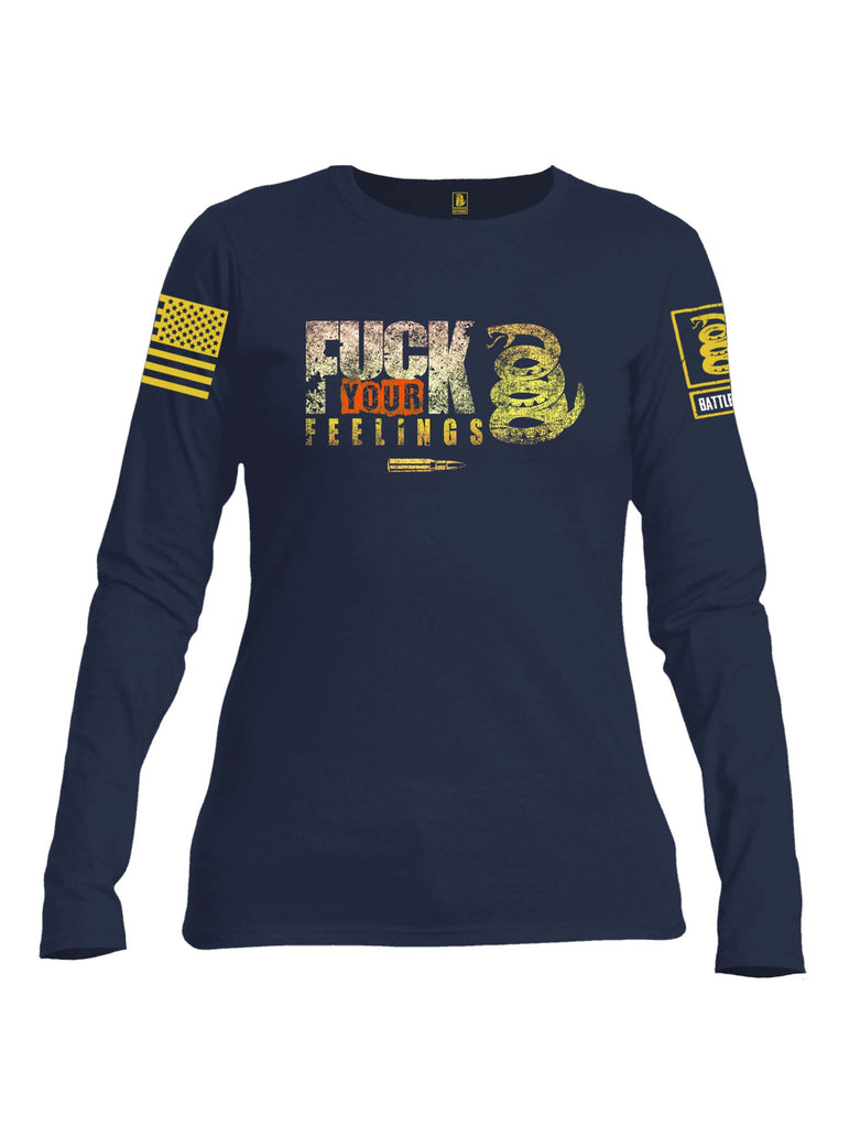 Battleraddle Fuck Your Feelings Yellow Sleeve Print Womens Cotton Long Sleeve Crew Neck T Shirt